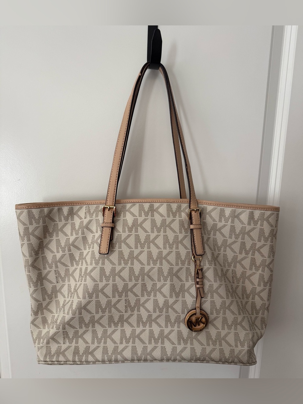 Michael Kors Cream-Tan MK Logo Tote with Gold Accent